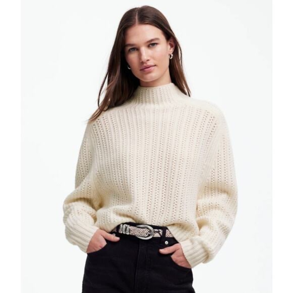 Madewell Pointelle-Stitch Mock Neck Sweater SZ XS Off-White Merino Wool Boxy Fit